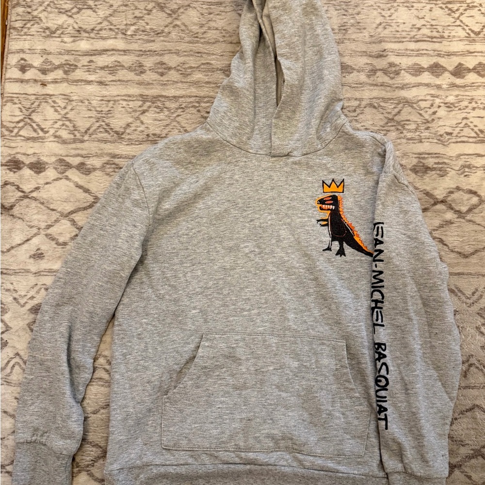 Jean-Michel Basquiat Gray Hoodie with Crown Dino Graphic